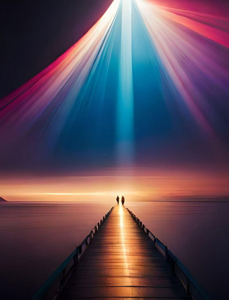 Beautiful colors of rays from the sky down to the pier with two people walking to end of the pier